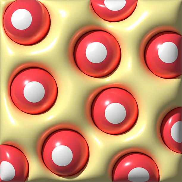 Abstract background featuring a grid of raised, glossy yellow round, each containing a shiny red sphere with a white dot in the center, creating a playful and futuristic texture