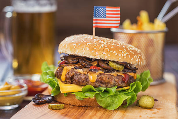 Homemade burger with french fries for 4th of July celebration