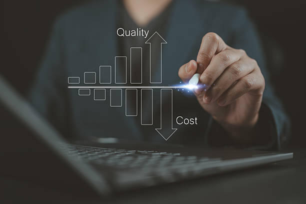 istock Product quality management and service concept. Budget cost VS improvement quality decision. Businessman drags on the line of cost with down chart and quality with arrow up for business optimization 2220314953