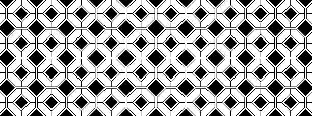 Tile floor or wall pattern with hexagon and square shapes. Ceramic mosaic texture in vintage style. Cafe or restaurant interior ornament. Black and white geometric print. Vector graphic illustration.