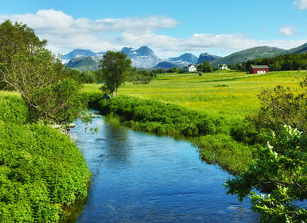 Serene Norwegian countryside featuring a tranquil river meandering through lush green pastures, framed by majestic mountains and scattered rural houses, embodying Northern Europe's scenic beauty and peaceful atmosphere.