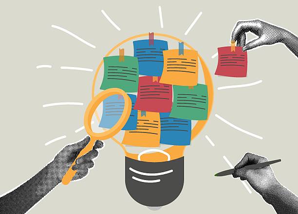 ilustrații de stoc cu colaj la modă de imagini în semiton. sesiune de brainstorming explorarea ideilor cu autocolante și becuri. conceptul de adunare de idei, brainstorming pentru idei noi, generarea de idei, lucru în echipă, găsirea de soluții - brainstorming