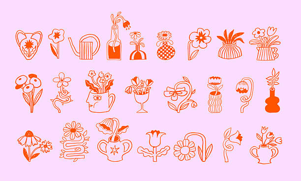 Cute hand drawn flowers, plant pots, houseplants and vases linear doodles set. Bold modern vector illustrations for t-shirts, stickers and home decor.