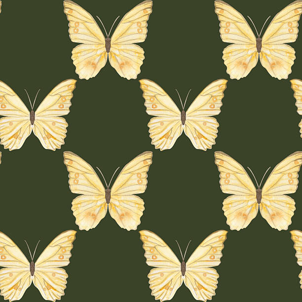 Yellow butterflies, delicate watercolor seamless pattern on dark background. Ideal for textile design, wrapping paper, branding, eco packaging, stationery, wedding decor, digital projects. Hand painted.