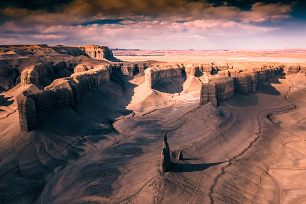 Aerial View of Utah Desert Canyon Landscape at Sunset
