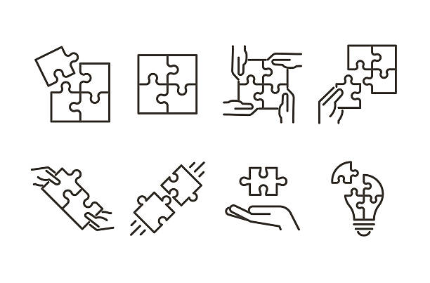 Puzzle and teamwork icon set. Thin line editable stroke icons for solution finding, collaboration, integration, ideas, innovation, strategy, and shared goals Vector eps10 puzzle stock illustrations