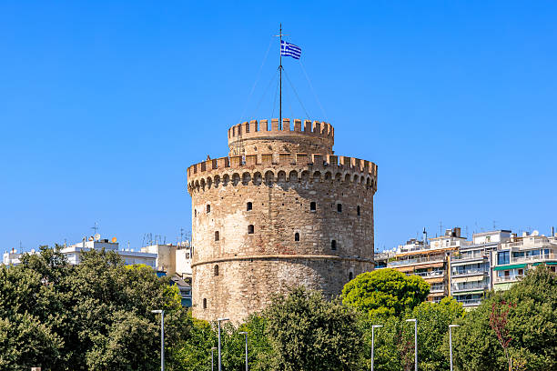 White Tower of Thessaloniki in Greece at sunset.