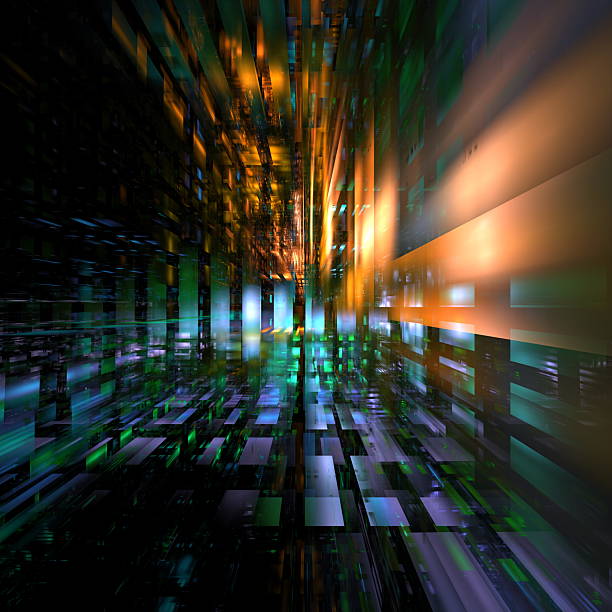 Colorful light beams create an immersive atmosphere in a futuristic abstract space filled with textures and digital patterns. interplay of colors conveys energy and movement. 3d render