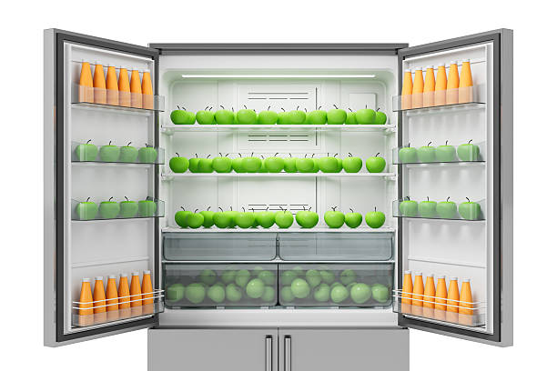 istock Open refrigerator fully stocked with green apples and orange juice bottles organized neatly on shelves, symbolizing healthy lifestyle concept. 3D Rendering 2220355202