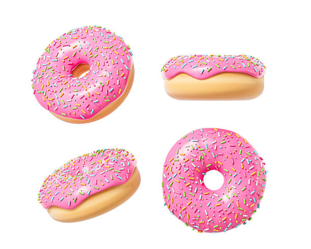 istock Assorted pink frosted donuts with colorful sprinkles in multiple angles on white background. Delicious dessert concept in vibrant 3D rendering style. 3D Rendering 2220355375