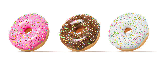 istock Three colorful donuts with pink, brown, and white icing and sprinkles arranged in a row on a white background. Dessert concept illustration. 3D Rendering 2220356095