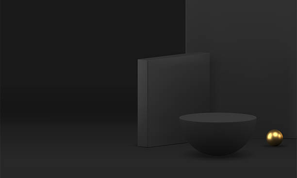 istock Luxury 3d black showcase podium pedestal with golden sphere for show realistic vector illustration 2220359616