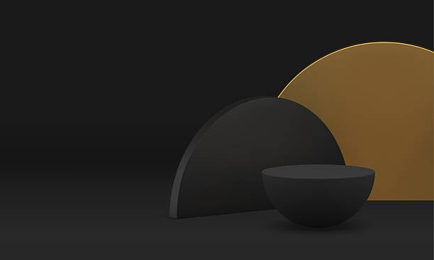 istock 3d black hemisphere podium pedestal with golden geometric wall background realistic vector 2220359629