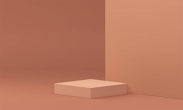 istock Brown 3d squared podium pedestal mock up for cosmetic product show realistic vector illustration 2220359668