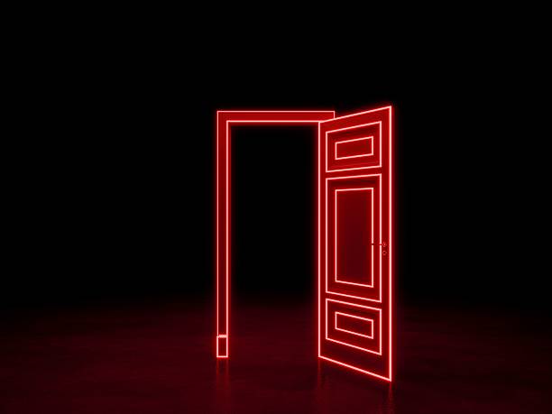 istock Open door in the dark space. Red neon door. 3D rendering 2220361344