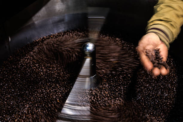 istock fresh coffee beans roasted spinning cover professional machine to soft focus slow shutter speed want to make motion blur of coffee beans detail concept,  worker hand check the quality of coffee beans. 2220365108