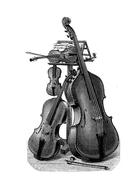 Music, string quartet instruments ready for the performance, beautiful vintage engraving
