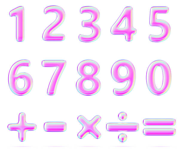 istock Y2K holographic numbers font from 0 to 9, plus, minus, multiply, divide, equal - math operation symbols. Rainbow inflatable balloons with bright neon metal gradient of liquid chrome 2220368356