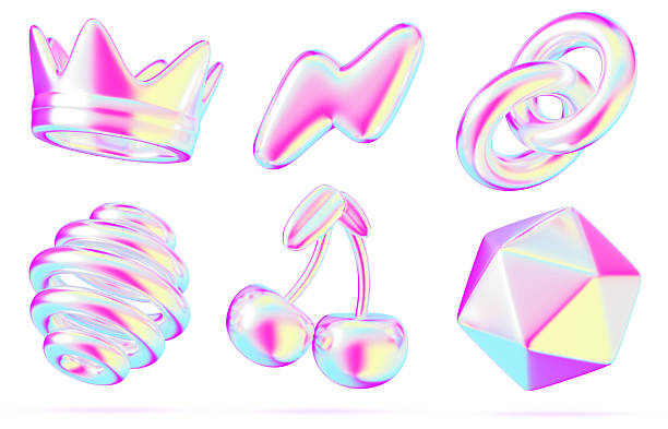 istock Y2K holographic 3d shape set. Iridescent crown, lightning, chain, spiral sphere, cherry, polygon with bright neon metal gradient of liquid chrome. Render abstract inflatable elements 2220368363