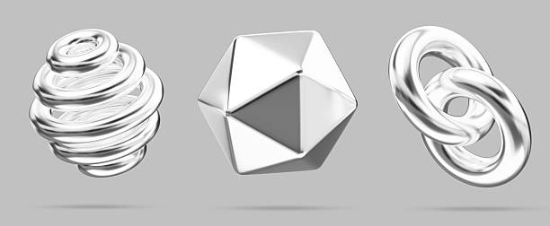istock Liquid chrome y2k shape 3d set. Silver metal polygon, spiral sphere, chain of connected links render icon. Abstract geometric elements of steel or platinum in retro futuristic style 2220368365