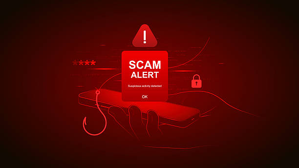 ilustraciones, imágenes clip art, dibujos animados e iconos de stock de vector de alerta de estafa de teléfonos inteligentes con fraude de phishing de piratas informáticos y malware de mano de teléfono móvil, virus de delito cibernético. - alerta