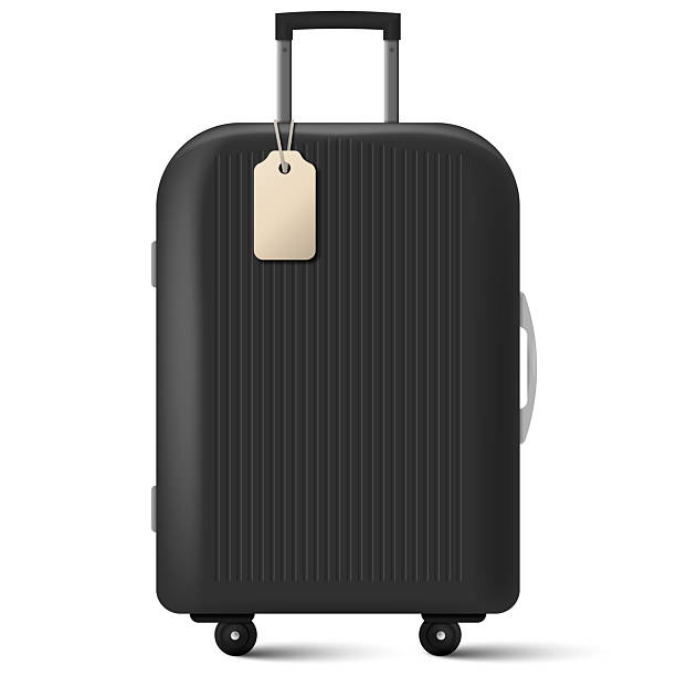 istock Sleek black travel suitcase with wheels and attached blank tag. Minimalist vector illustration for vacation, airport, or luggage concepts. Ideal for travel apps, packing visuals, tourism materials, 2220369470
