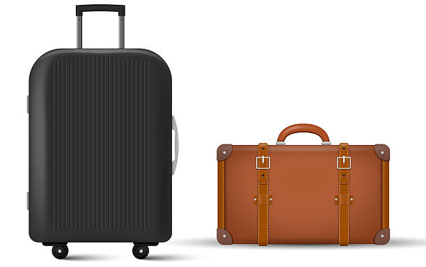 istock Realistic vector illustration of a modern black suitcase with wheels next to a vintage brown leather suitcase. Isolated on white background. Concept of travel evolution and style contrast. 2220369475