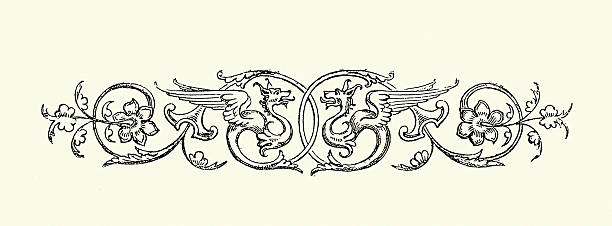 Ornate Victorian fantasy design element, Dragons and flowers, 19th Century woodcut