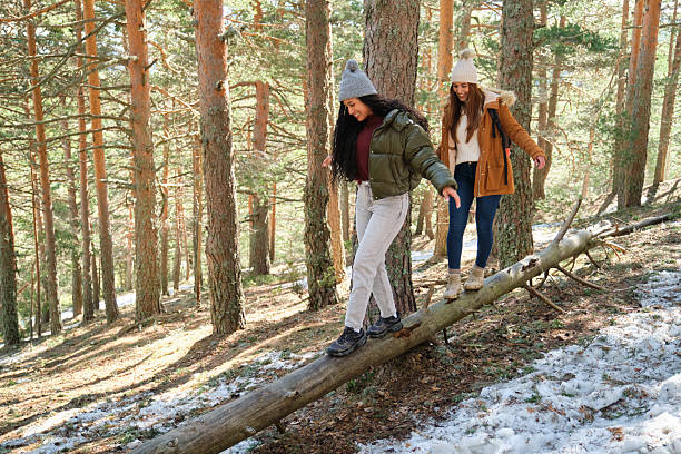 istock Two young women walking on a fallen tree trunk in a snowy forest 2220385800