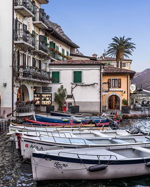 Limone sul Garda, Italy – April 10, 2025: Charming old town in Limone sul Garda, Lombardy, Italy with picturesque views of Lago di Garda.