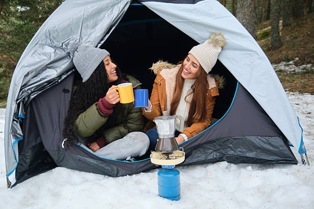 istock Two happy women camping and drinking hot drinks in winter forest 2220388145