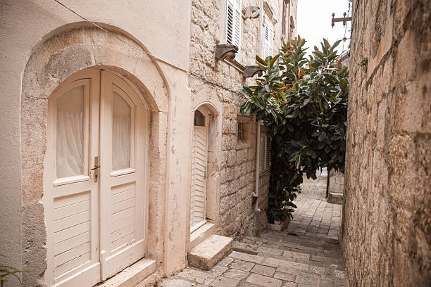 Charming narrow street in the old town of Korčula, Croatia, featuring pale cream doors, stone walls, and an overgrown Mediterranean tree leaning into the passage. The soft lighting and muted pastel tones enhance the peaceful and timeless mood of this hidden Adriatic gem. Ideal for concepts such as travel, heritage, architecture, Mediterranean lifestyle, minimalism, and editorial storytelling.