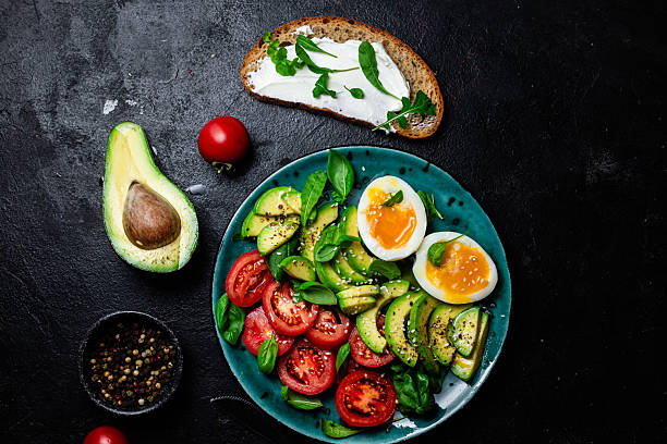 istock Healthy Breakfast with Avocado, Egg, and Tomato on a Plate 2220390974