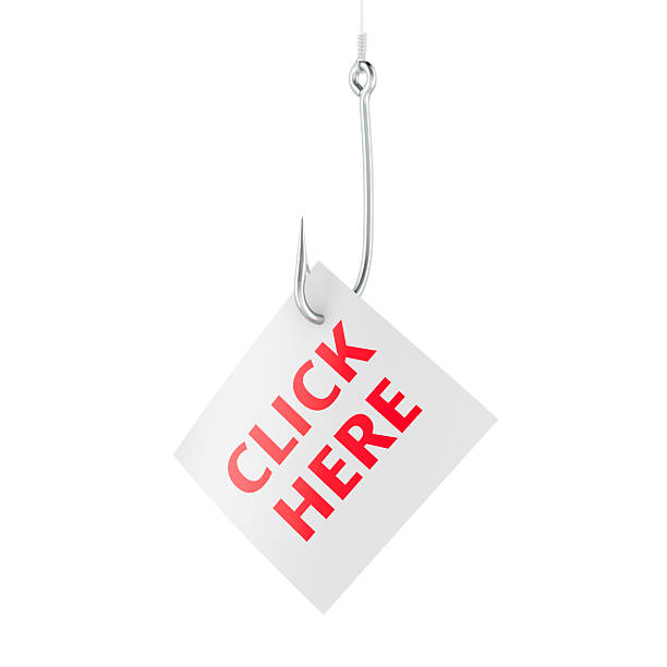Fishing hook with Click Here sign on fishing hook, phishing concept. 3D rendering isolated on white background