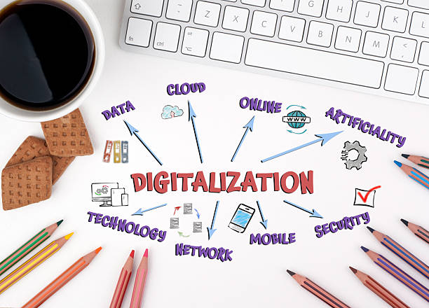 istock DIGITALIZATION Concept. Chart with keywords and icons. White office desk 2220391583
