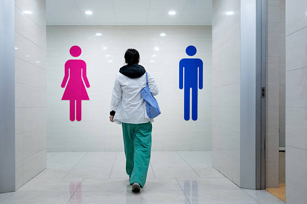 Women walking to public restroom