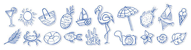Summer Vacation Stickers, Mediterranean life Mediterranean Vacation, Tropical elements in Blue color. Hand drawn Italian holiday set. Summer Beach Stickers, Sea life doodle. Coastal Mediterranean vector isolated collection bachelorette beach stock illustrations