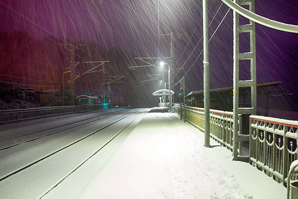 Night perron. Snowfall on a deserted railway station, mood of abandonment and unpredictability (solitude). Danger reception for Hollywood crime film