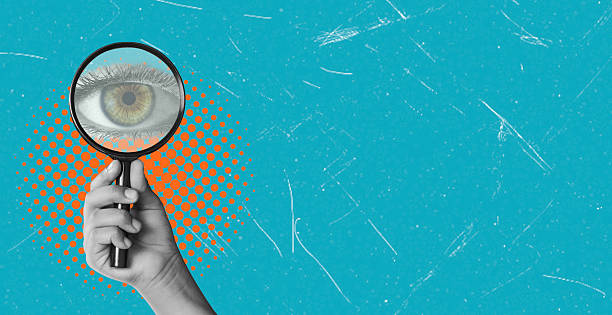 istock Art collage, hand with magnifying glass and human eye on blue background. 2220399661
