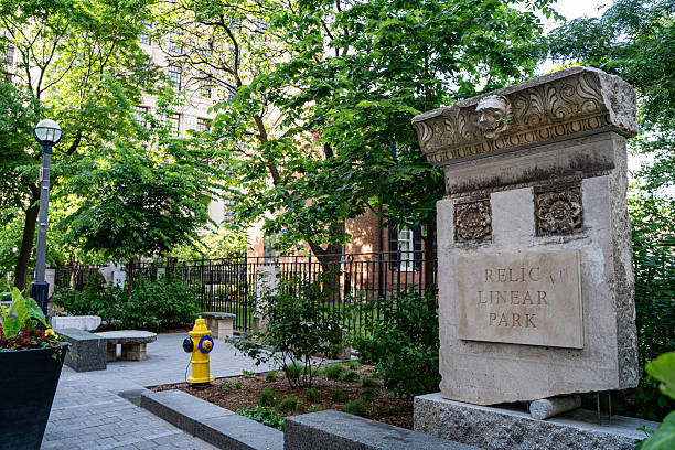View of Relic Linear Park in downtown Toronto. Toronto, Canada - June 15, 2025.