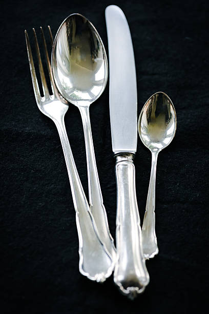 istock Silver utensils, fork, knife, spoon silverware. Old, for sale. 2220404211