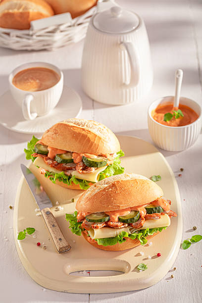 istock Tasty and spicy sandwich as a popular brunch dish. 2220405209