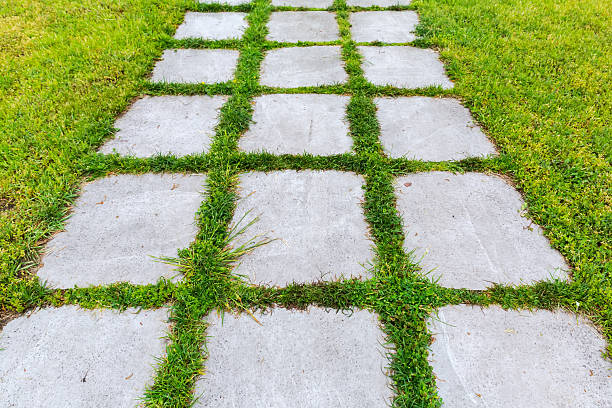 istock Wet concrete slabs footpath among lawn during rain, top view 2220408521