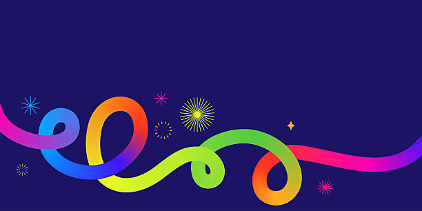 Abstract Celebration Concept with Gradient Rainbow Curve and Fireworks on Blue Background Colorful abstract gradient ribbon line curling across a deep blue background with festive fireworks elements. Perfect for celebration themes, creative design, or party invitations. graphic loops stock illustrations
