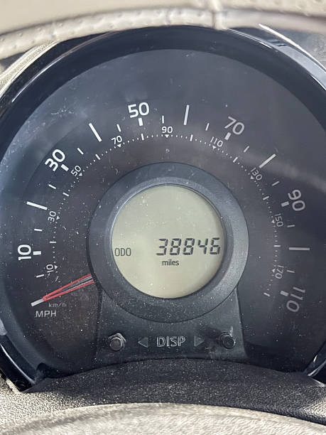 istock Full frame image of dusty car instrument panel, speedometer and odometer, dirty dashboard, vinyl vents affected winter water leaks 2220422270