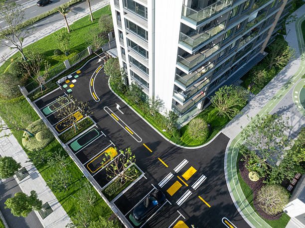 aerial view parking lot  in city