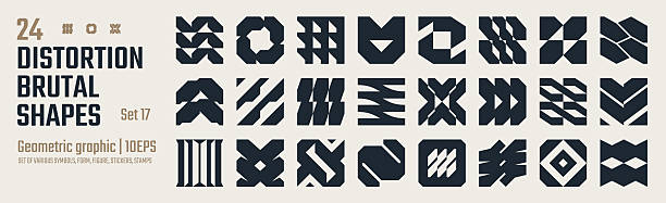 Postmodern abstract geometric graphic elements, Refraction and distortion glass effect various form, Brutalist vector shapes, trendy retro design symbols in Y2K aesthetics, vintage stickers, set 17