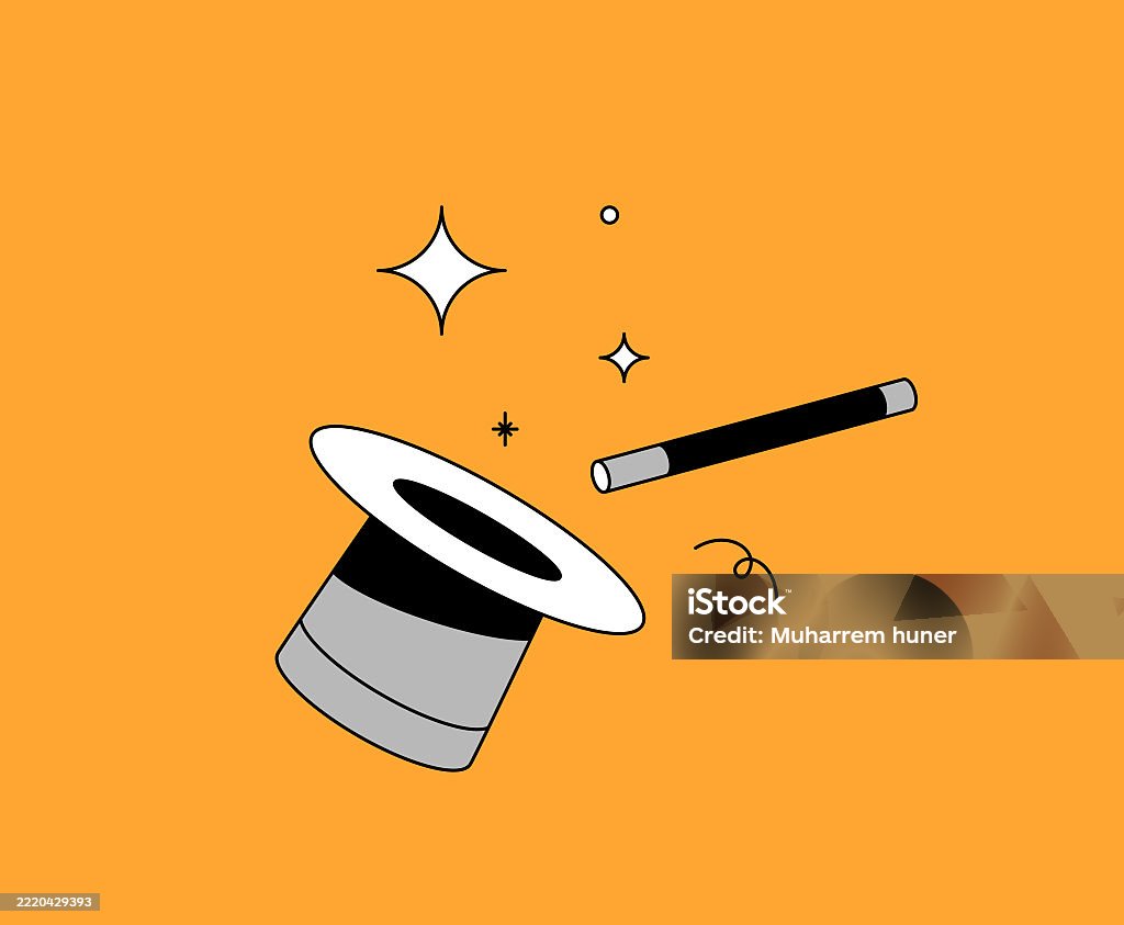Minimal Magic Hat And Wand Vector Illustration On Orange Background ...
