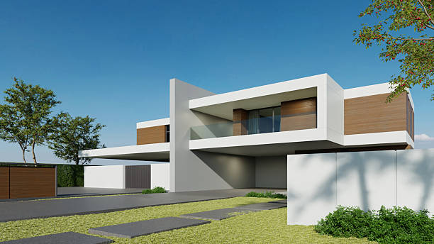 istock Modern house, Minimal architecture with lawn grass and concrete 2220430940