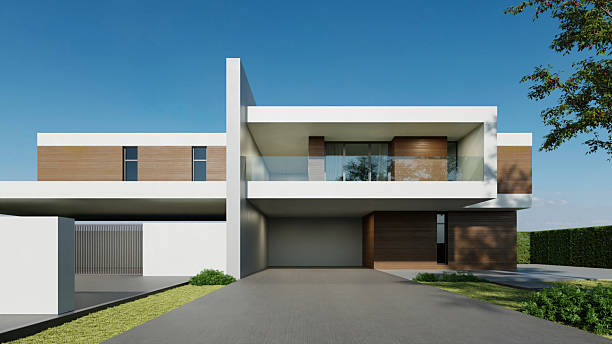 istock Modern house, Minimal architecture with lawn grass and concrete garage driveway, 3d rendering of luxury property building 2220430941
